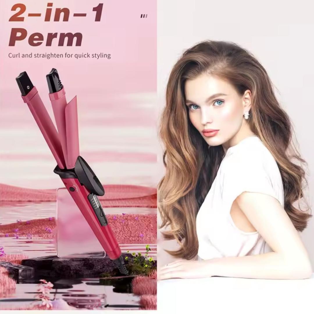 2 in 1 Hair Straightening and Curling Iron, Straightener, 2 In 1 Electic Hair Curl Iron Ceramic Straightener Wave Flat Wand Styling Roller Straighter Hairstyling LCD Curler Tongs Crimple