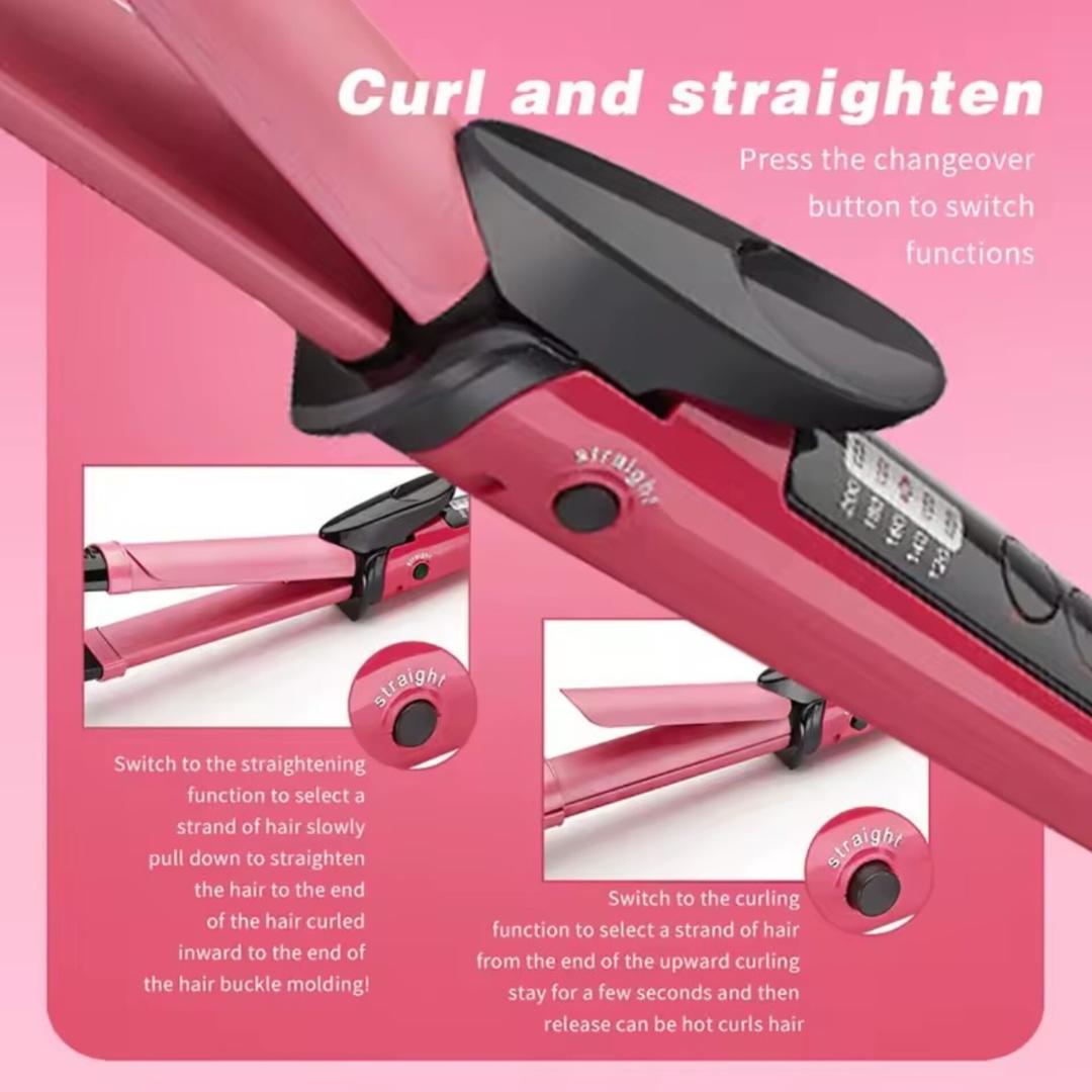 2 in 1 Hair Straightening and Curling Iron, Straightener, 2 In 1 Electic Hair Curl Iron Ceramic Straightener Wave Flat Wand Styling Roller Straighter Hairstyling LCD Curler Tongs Crimple