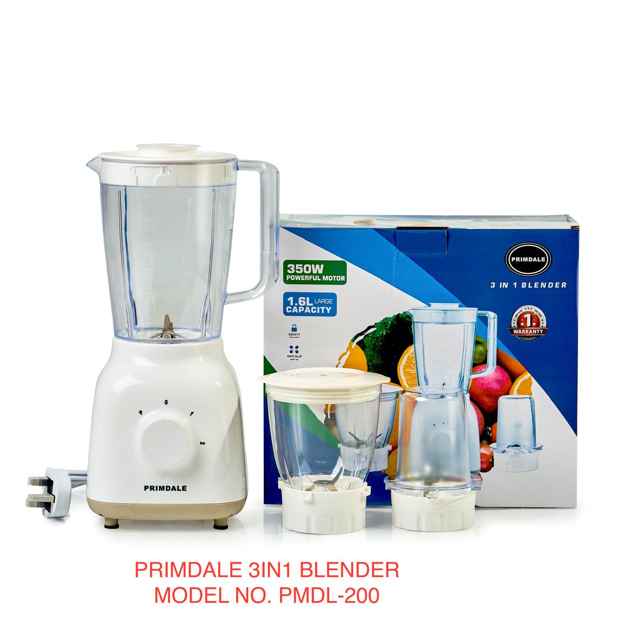Primdale 3 In 1 Blender With 350W Motor 1.6 L Capacity. 3-in-1 Functionality – Blends, grinds, and chops with dedicated jars for each function.
- 🔹 Durable Stainless Steel Blades – Crushes ice, fruit