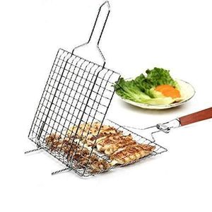 BBQ Berbeque Grill Mesh In Stainless Steel.The grilling basket is made of durable iron for long-lasting use and easy to clean, and heat resistant wooden handle provides a safe and comfortable