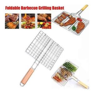BBQ Berbeque Grill Mesh In Stainless Steel.The grilling basket is made of durable iron for long-lasting use and easy to clean, and heat resistant wooden handle provides a safe and comfortable