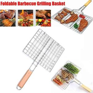 BBQ Berbeque Grill Mesh In Stainless Steel.The grilling basket is made of durable iron for long-lasting use and easy to clean, and heat resistant wooden handle provides a safe and comfortable
