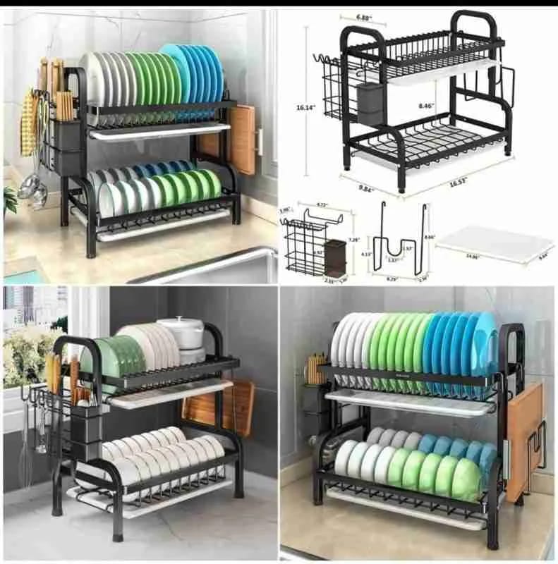▪️🧏‍♀️PROMOTION 🧏‍♀️▪️2 Layer METALLIC Dishrack.High quality heavy duty 2 tier dish rack with cutlery holder. The material used is Carbon steel metal . It has 2 white water draining trays. It is scr