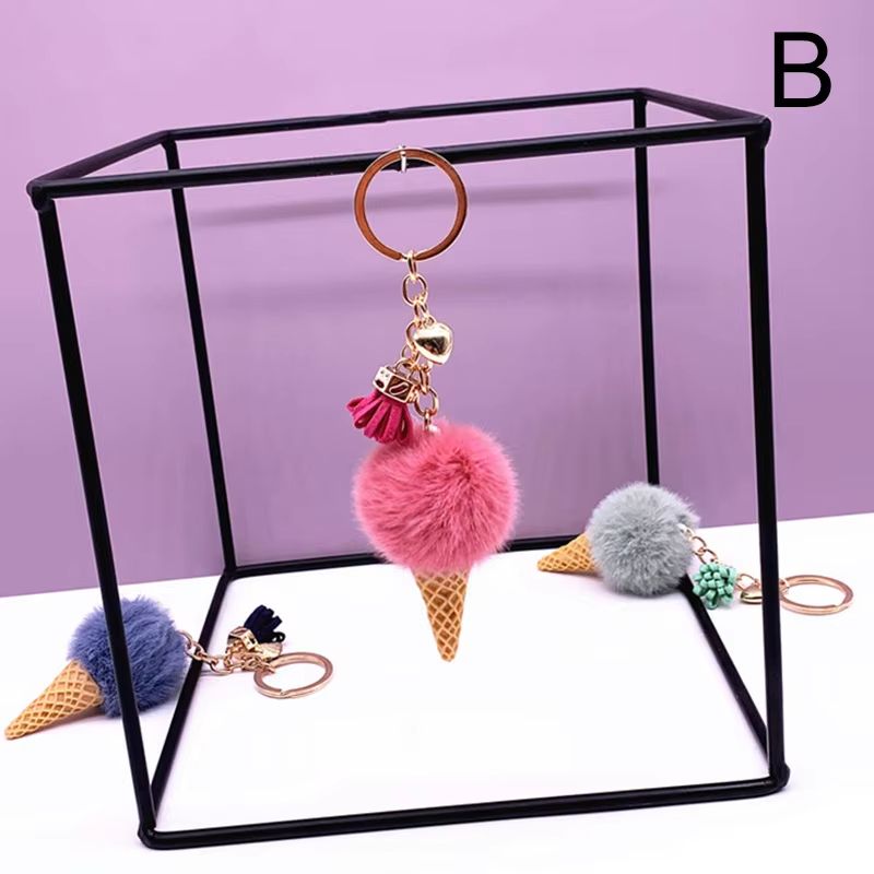 New Ice Cream Keychains for Women Men Plush Pompom Key Chain Rings Pendant Keyring Holder Charm Bag Jewelry Gifts
