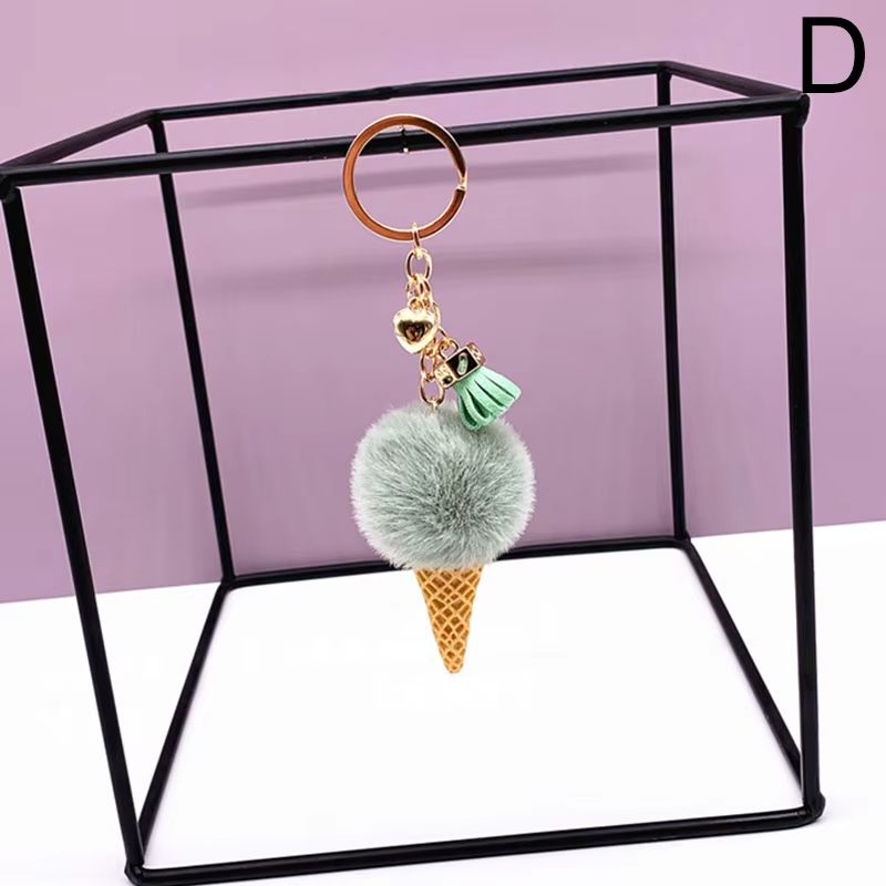 New Ice Cream Keychains for Women Men Plush Pompom Key Chain Rings Pendant Keyring Holder Charm Bag Jewelry Gifts