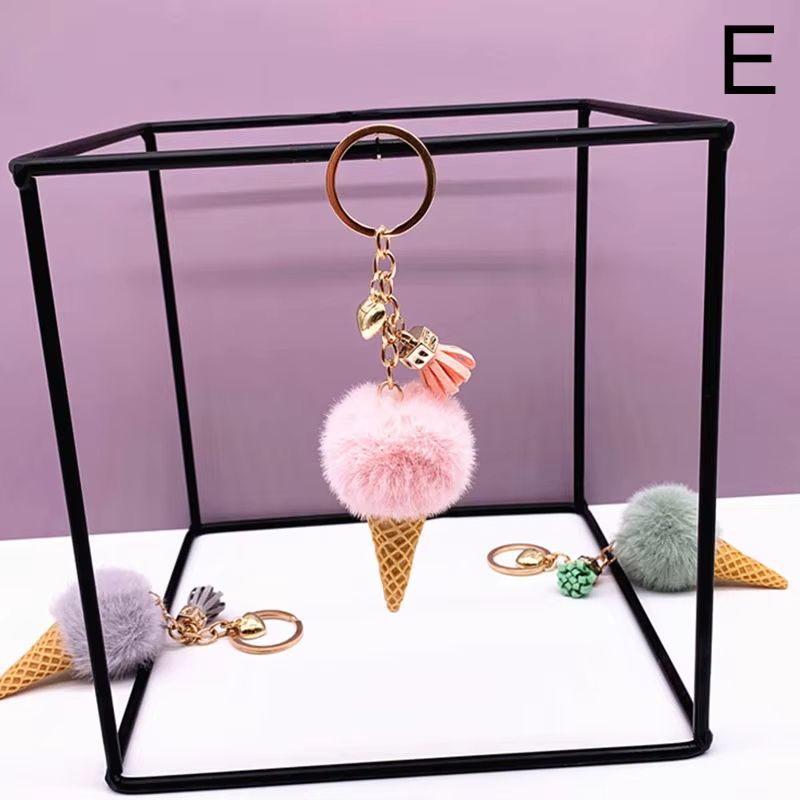 New Ice Cream Keychains for Women Men Plush Pompom Key Chain Rings Pendant Keyring Holder Charm Bag Jewelry Gifts
