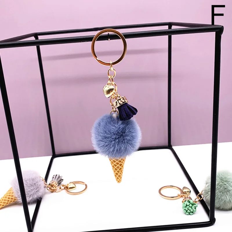 New Ice Cream Keychains for Women Men Plush Pompom Key Chain Rings Pendant Keyring Holder Charm Bag Jewelry Gifts