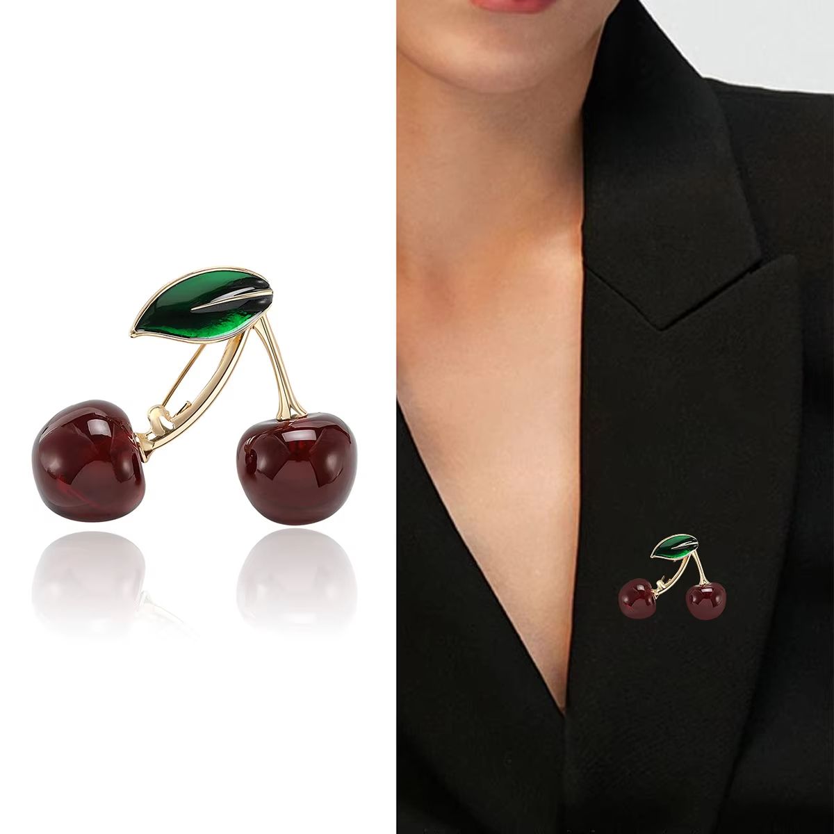 Fashion Crystal Red Cherry Brooches For Women Clothing Cute Alloy Crystal Fruit Enamel Pins Party Jewelry Gifts