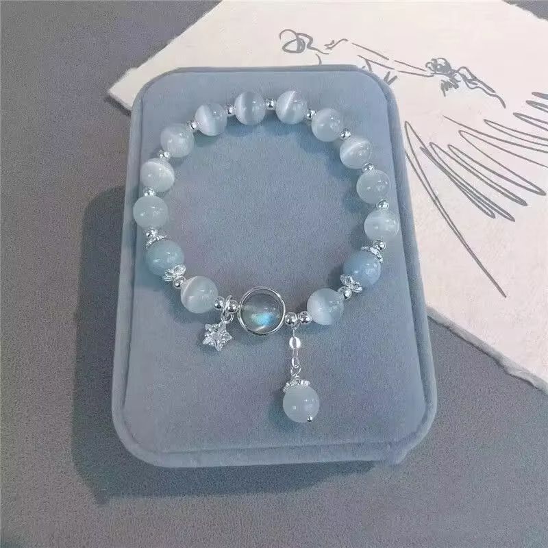 White Moonlight Stone Crystal Bracelet for Women Girls Luxury Imitation Opal Beaded Elastic Charm Bracelet Jewelry Gifts