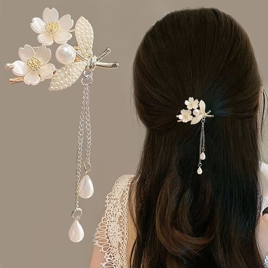 1pc Sweet Elegant Tassel HairClip Imitation Pearl Bell Orchid Tassel Hair Accessories Women Daily Holiday Wear Jewelry Hairpins hair decorations