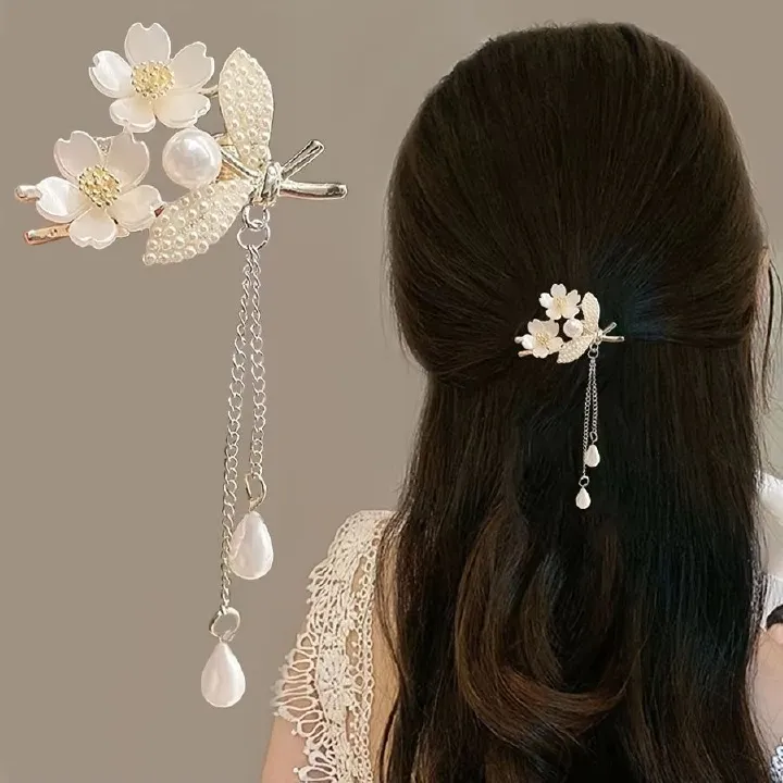 1pc Sweet Elegant Tassel HairClip Imitation Pearl Bell Orchid Tassel Hair Accessories Women Daily Holiday Wear Jewelry Hairpins hair decorations