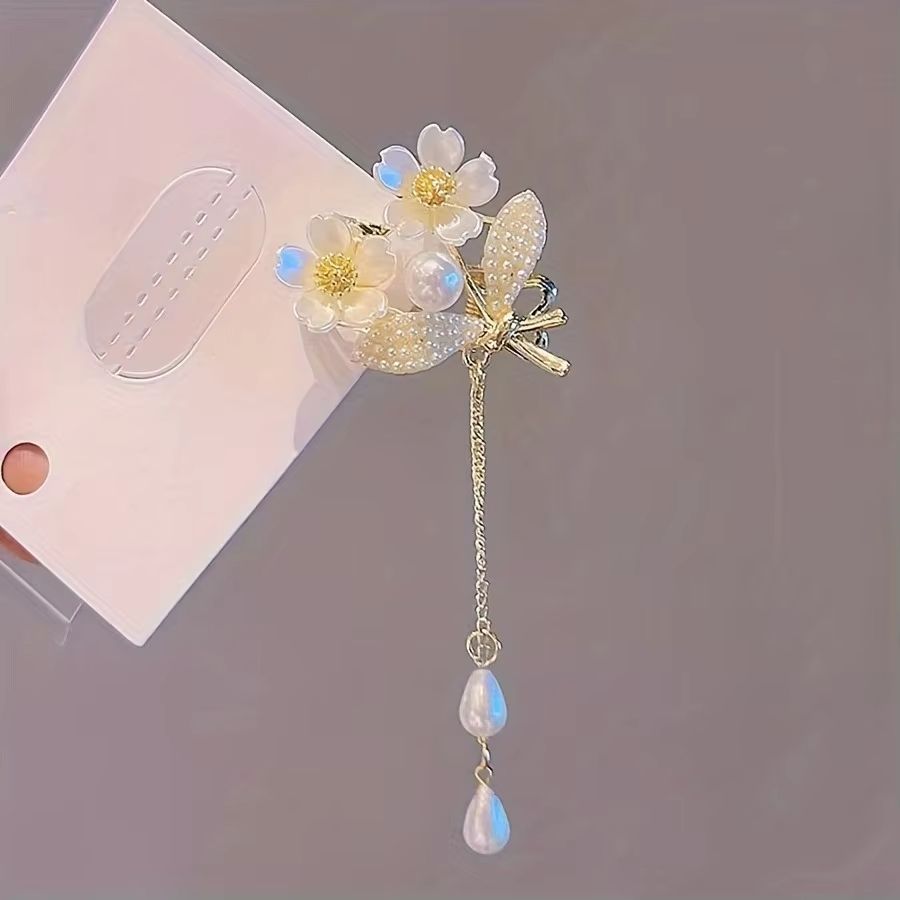 1pc Sweet Elegant Tassel HairClip Imitation Pearl Bell Orchid Tassel Hair Accessories Women Daily Holiday Wear Jewelry Hairpins hair decorations