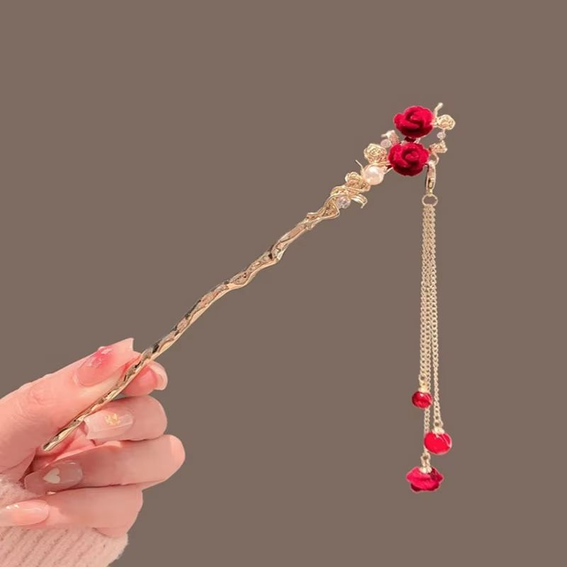 Retro Red Hair Stick Chinese Style Hanfu Tassel Women Flowers Chopsticks Alloy Hairpin Woman Jewelry Hair Clip Accessories