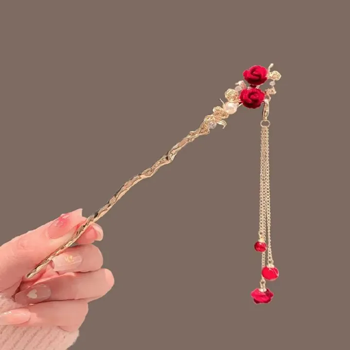Retro Red Hair Stick Chinese Style Hanfu Tassel Women Flowers Chopsticks Alloy Hairpin Woman Jewelry Hair Clip Accessories