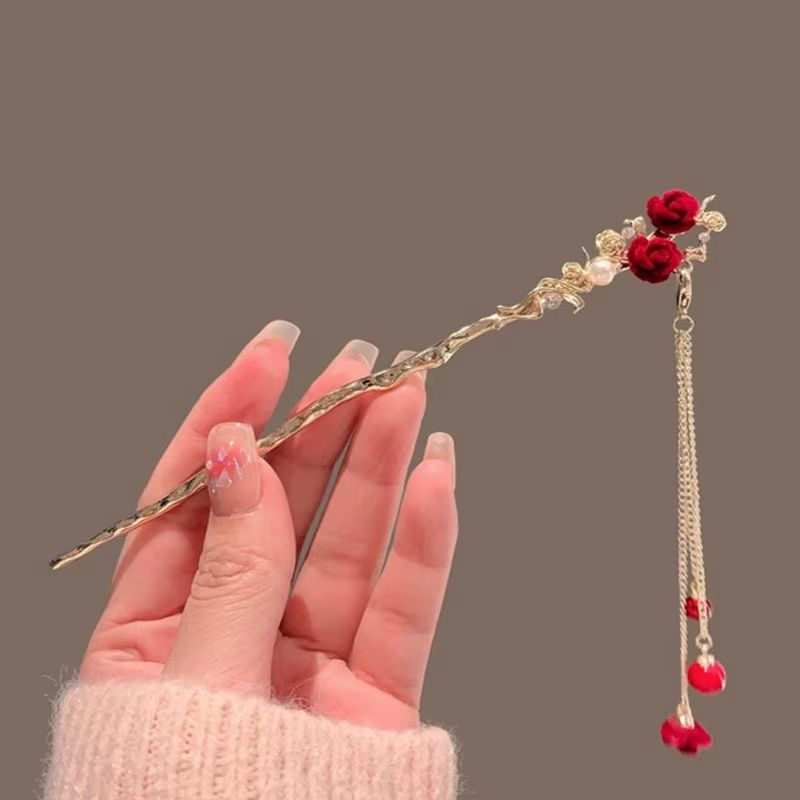 Retro Red Hair Stick Chinese Style Hanfu Tassel Women Flowers Chopsticks Alloy Hairpin Woman Jewelry Hair Clip Accessories