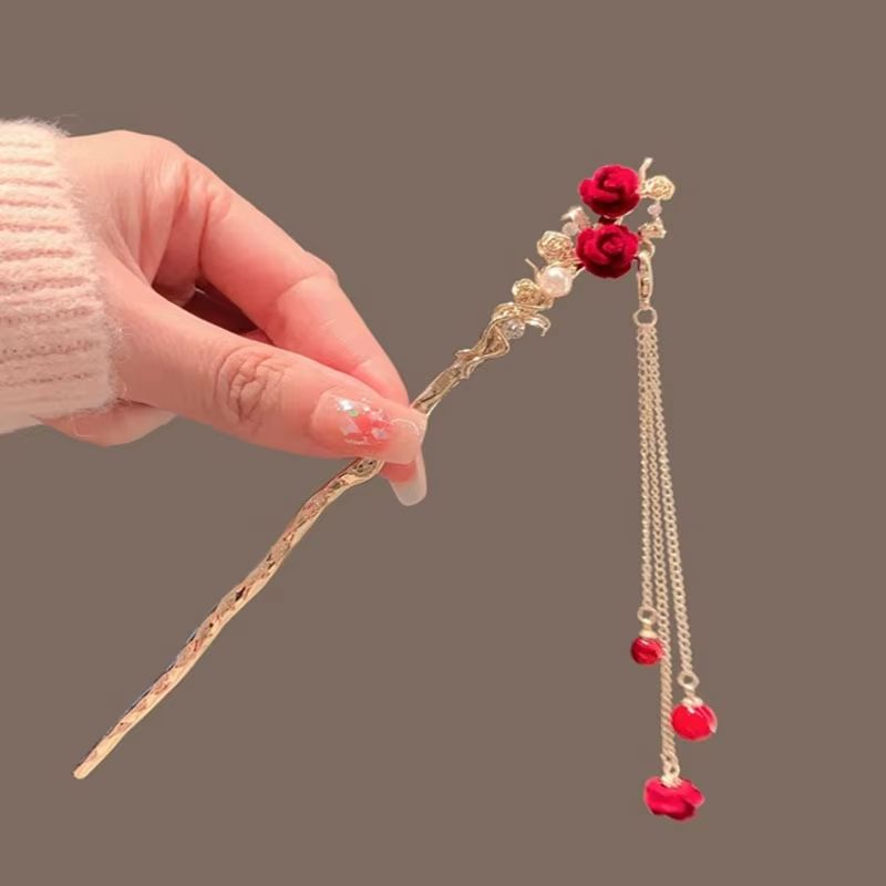 Retro Red Hair Stick Chinese Style Hanfu Tassel Women Flowers Chopsticks Alloy Hairpin Woman Jewelry Hair Clip Accessories