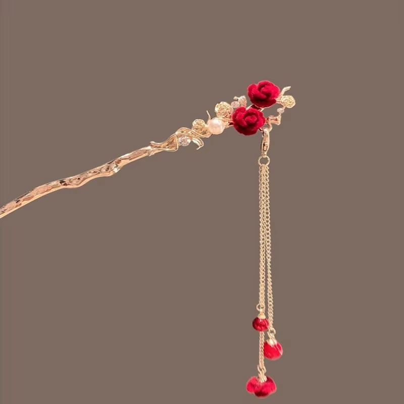 Retro Red Hair Stick Chinese Style Hanfu Tassel Women Flowers Chopsticks Alloy Hairpin Woman Jewelry Hair Clip Accessories