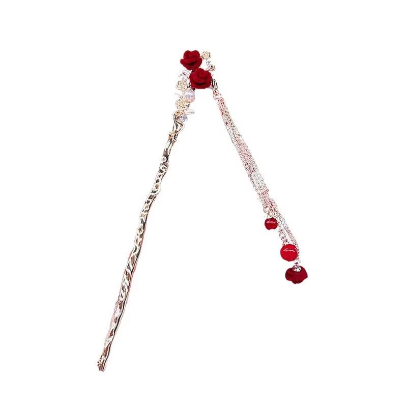 Retro Red Hair Stick Chinese Style Hanfu Tassel Women Flowers Chopsticks Alloy Hairpin Woman Jewelry Hair Clip Accessories
