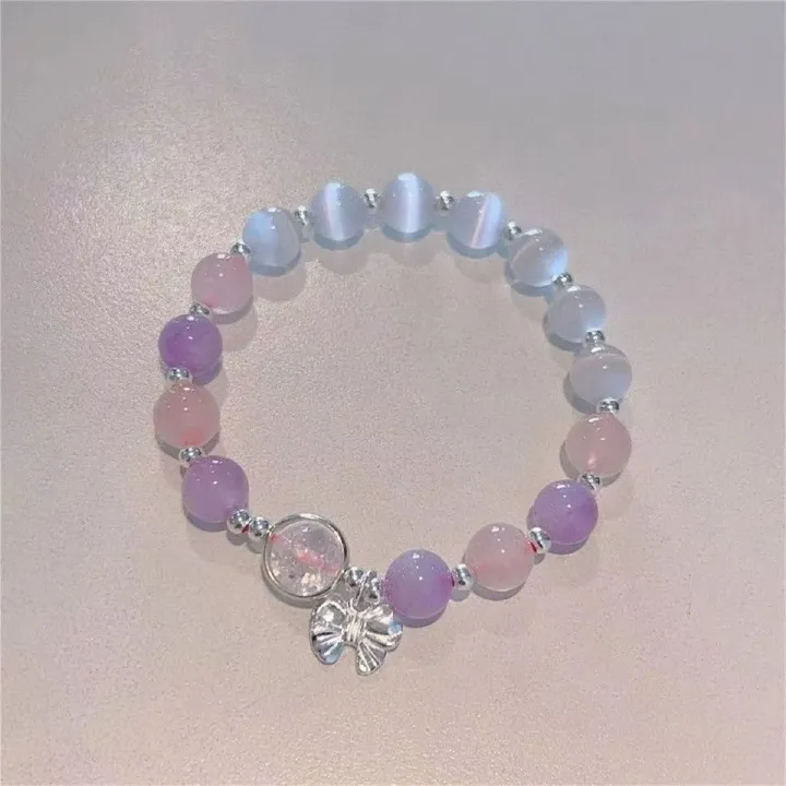 Opal Sea Blue Moonlight Crystal Bowknot Beaded Bracelet Light Luxury Elastic Bracelet for Girls Women Jewelry Accessories Gifts