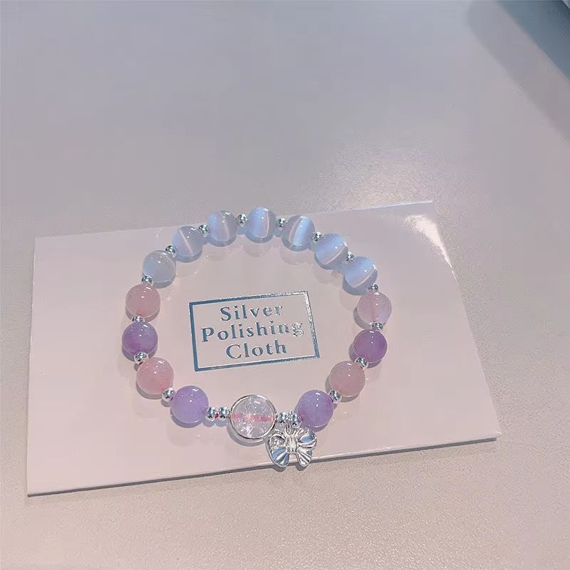 Opal Sea Blue Moonlight Crystal Bowknot Beaded Bracelet Light Luxury Elastic Bracelet for Girls Women Jewelry Accessories Gifts