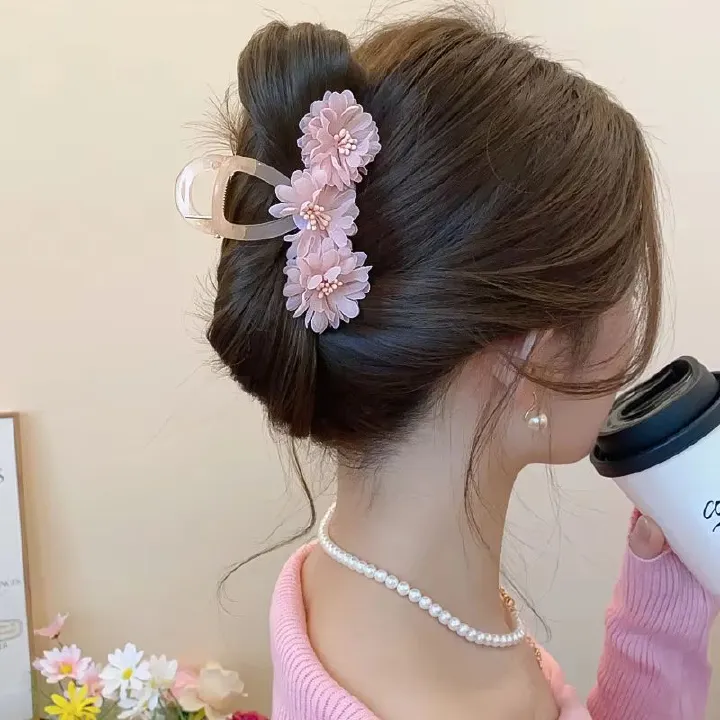 Pink Gauze Cubic Floral Hair Claws for Women Small Acrylic Shark Clip Sweet Mori Girl Style Fashion Holiday Beach Adornment