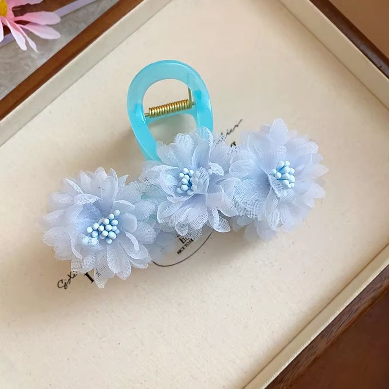 Pink Gauze Cubic Floral Hair Claws for Women Small Acrylic Shark Clip Sweet Mori Girl Style Fashion Holiday Beach Adornment