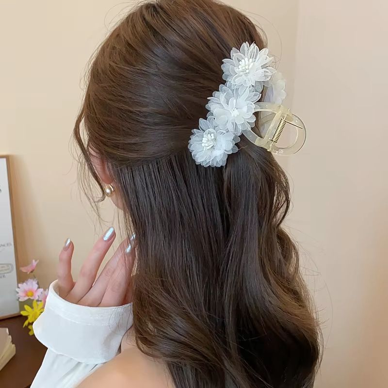 Pink Gauze Cubic Floral Hair Claws for Women Small Acrylic Shark Clip Sweet Mori Girl Style Fashion Holiday Beach Adornment
