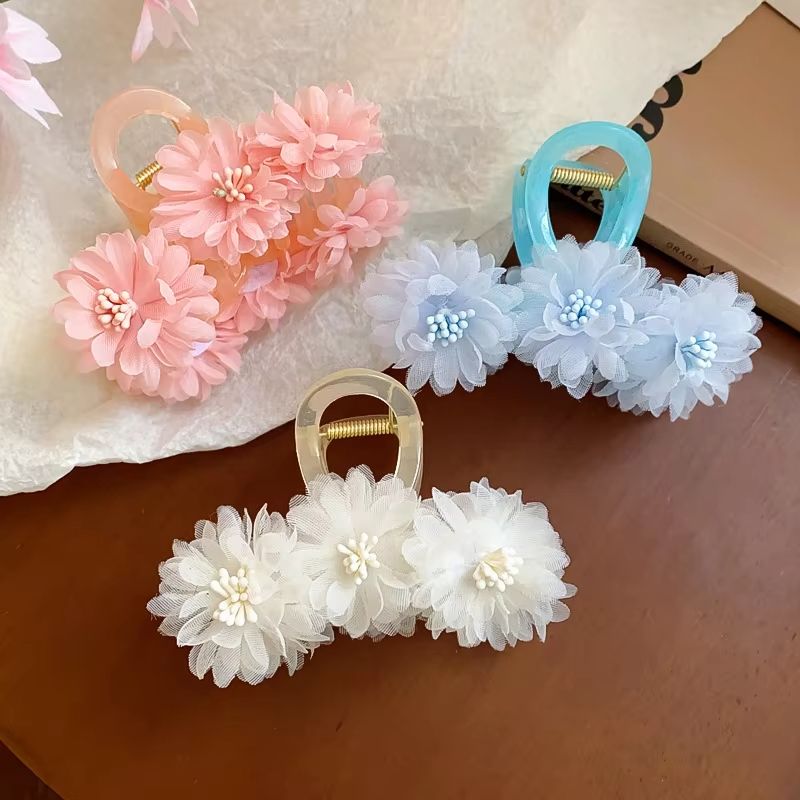 Pink Gauze Cubic Floral Hair Claws for Women Small Acrylic Shark Clip Sweet Mori Girl Style Fashion Holiday Beach Adornment