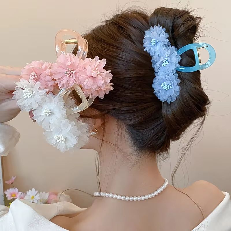 Pink Gauze Cubic Floral Hair Claws for Women Small Acrylic Shark Clip Sweet Mori Girl Style Fashion Holiday Beach Adornment