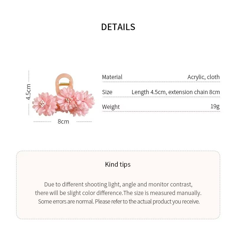 Pink Gauze Cubic Floral Hair Claws for Women Small Acrylic Shark Clip Sweet Mori Girl Style Fashion Holiday Beach Adornment