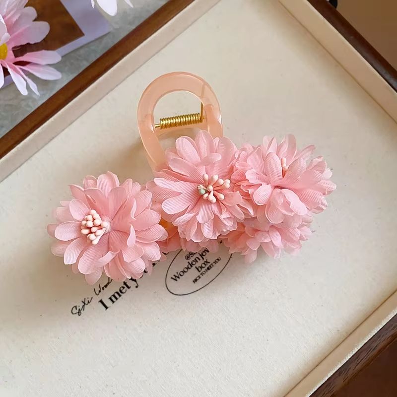 Pink Gauze Cubic Floral Hair Claws for Women Small Acrylic Shark Clip Sweet Mori Girl Style Fashion Holiday Beach Adornment