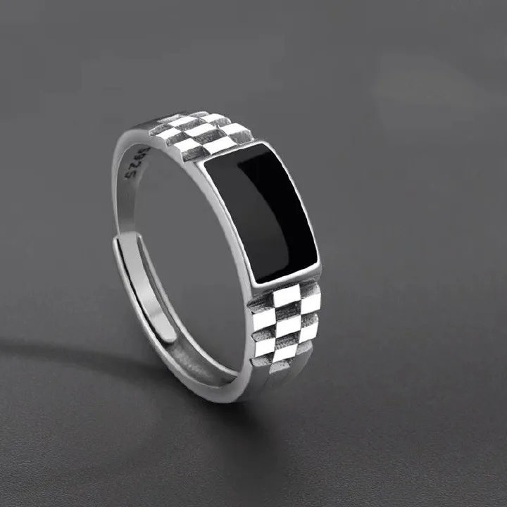 Chiba Taiyin Ring Men's New Trendy Brand Versatile High Grade Drop Glue Checkerboard Jewelry Open End Men's Ring