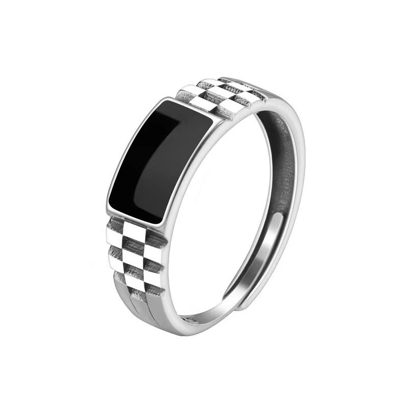 Chiba Taiyin Ring Men's New Trendy Brand Versatile High Grade Drop Glue Checkerboard Jewelry Open End Men's Ring