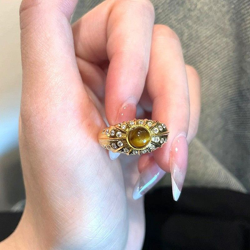 Retro Middle Ancient Style Brushed Tiger Eye Stone Micro Inlaid Zircon Ring for Women, Light Luxury, Niche, High End, Versatile New Product Jewelry