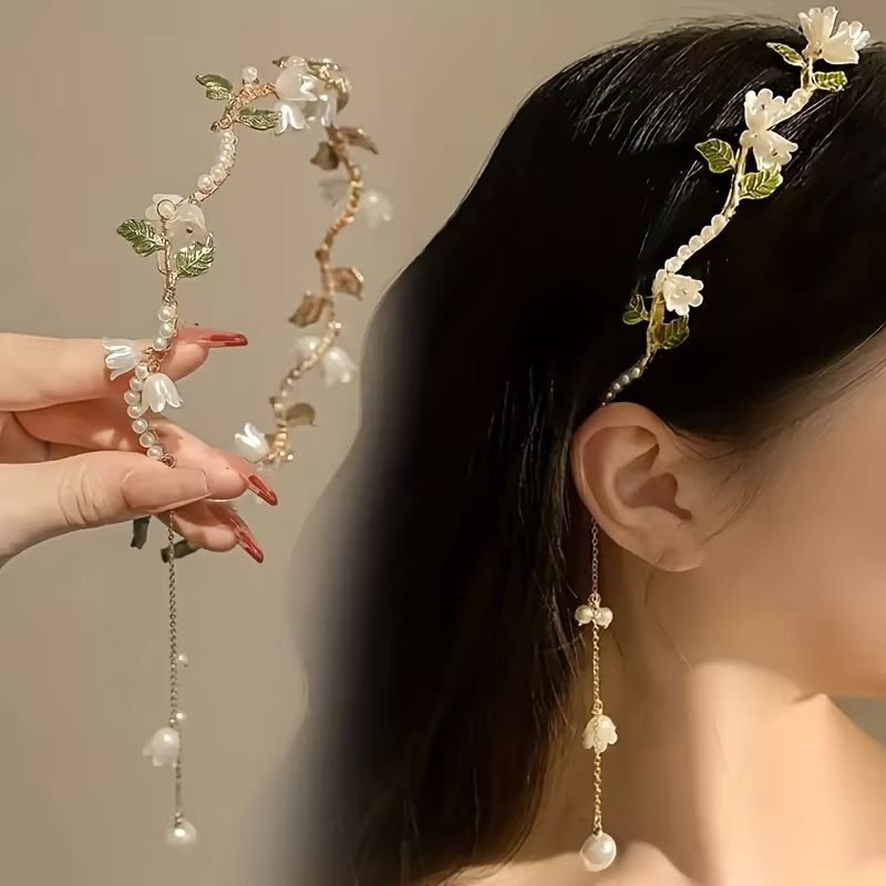Hairbands Girls Elegant Lily of The Valley Faux Pearl Headband Fairy Style Summer Hair Hairbands Floral Faux Pearl Women