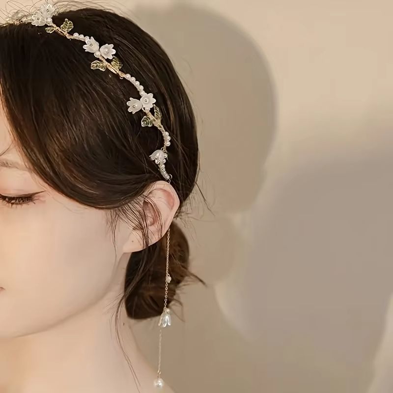 Hairbands Girls Elegant Lily of The Valley Faux Pearl Headband Fairy Style Summer Hair Hairbands Floral Faux Pearl Women