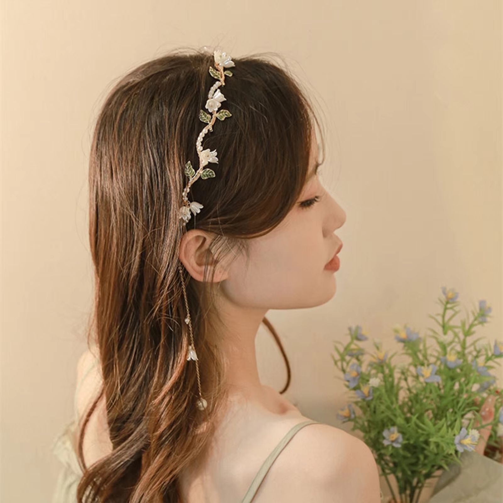 Girl Pearl Hair Ribbon Pearl Hairband Golden Hair Ribbon White Flower Tiara Crown Korean Fashion Tiara Hair Accessories