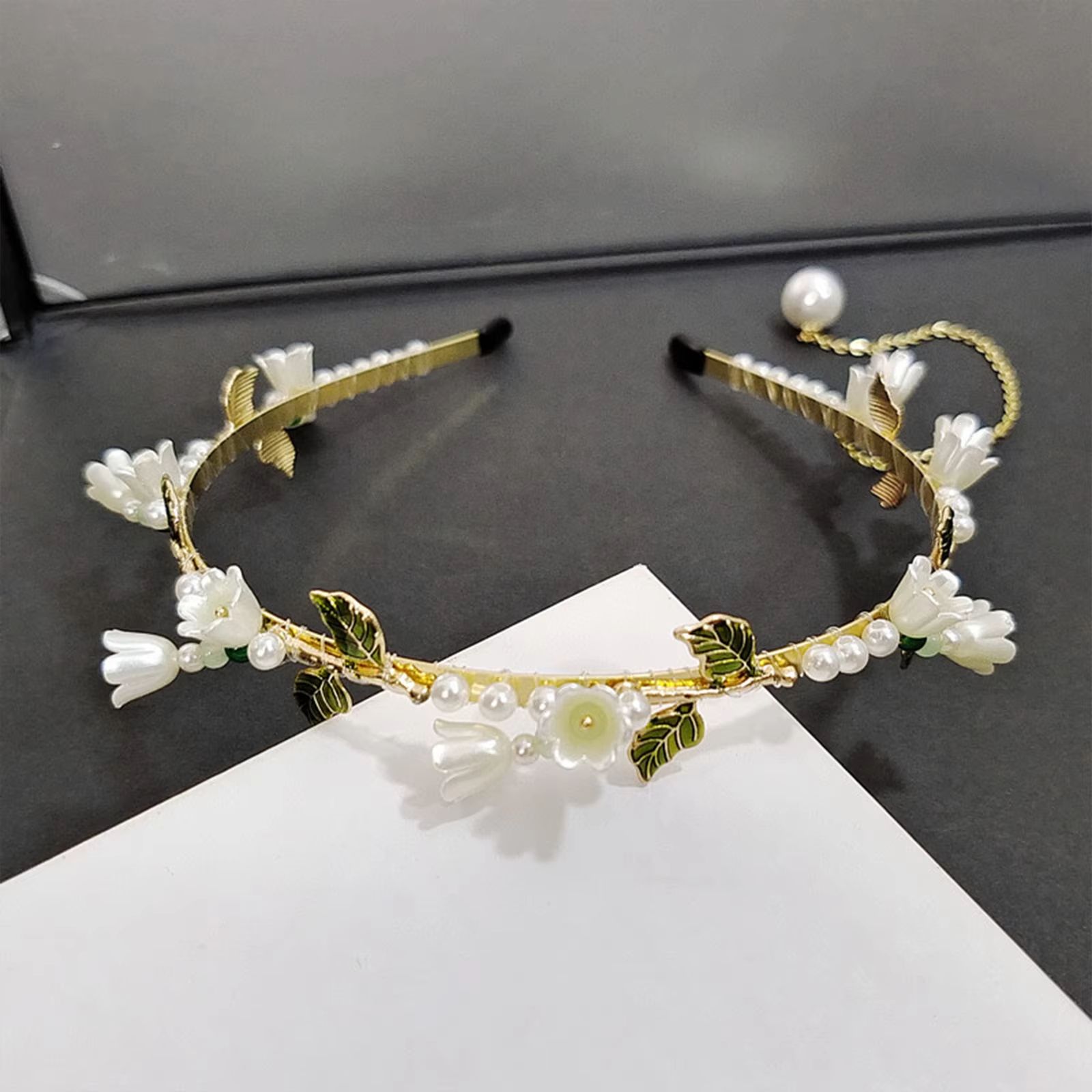 Girl Pearl Hair Ribbon Pearl Hairband Golden Hair Ribbon White Flower Tiara Crown Korean Fashion Tiara Hair Accessories