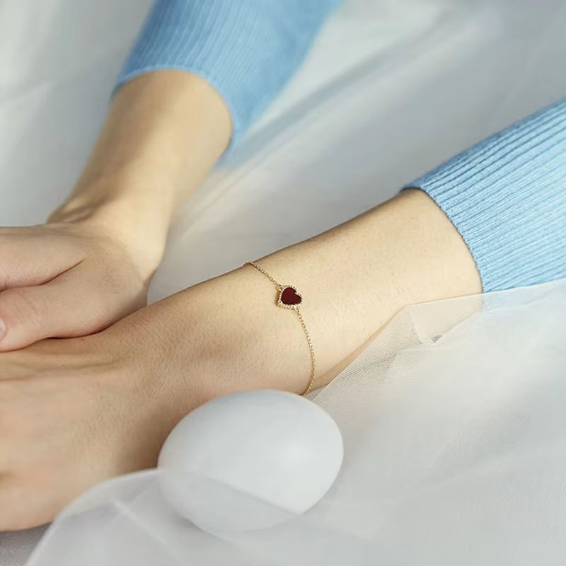 925 Sterling Silver Heart-shaped Agate Bracelet Women's Summer New Simple Small Red Heart Jewelry Student Gift Party Jewelry