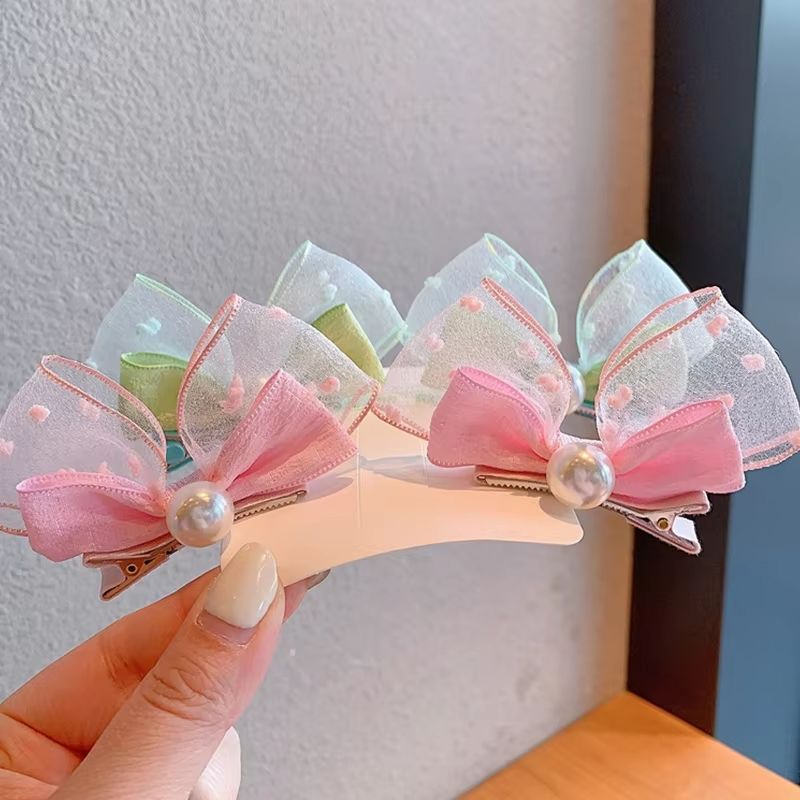 Mesh Bow Children Hairpins Pearl Hair Clips Princess Girl Headdress Baby No Harm Headwear Kids Barrettes Accessories Photo Props