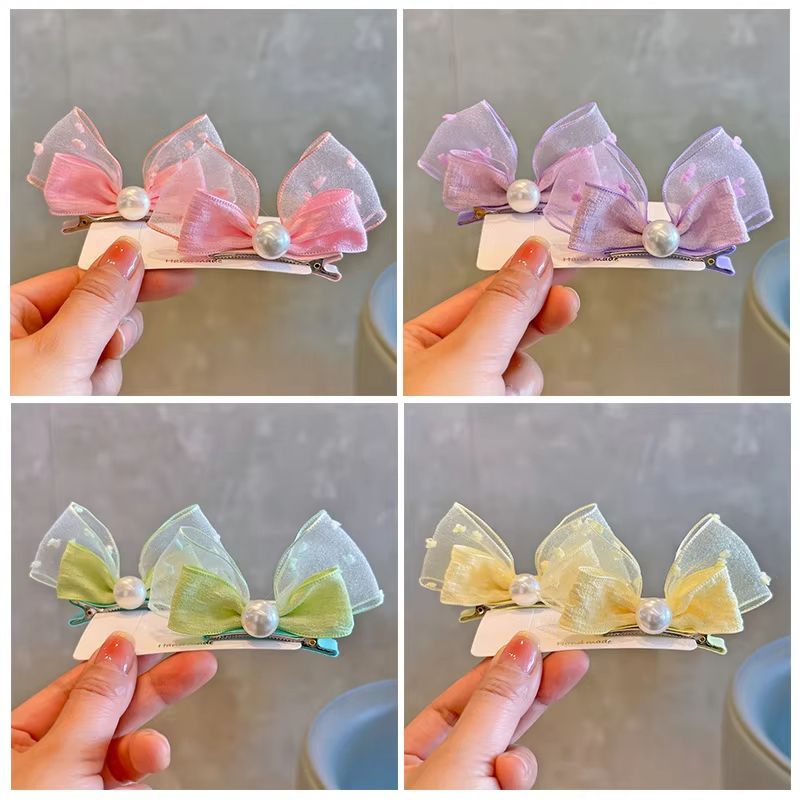 Mesh Bow Children Hairpins Pearl Hair Clips Princess Girl Headdress Baby No Harm Headwear Kids Barrettes Accessories Photo Props