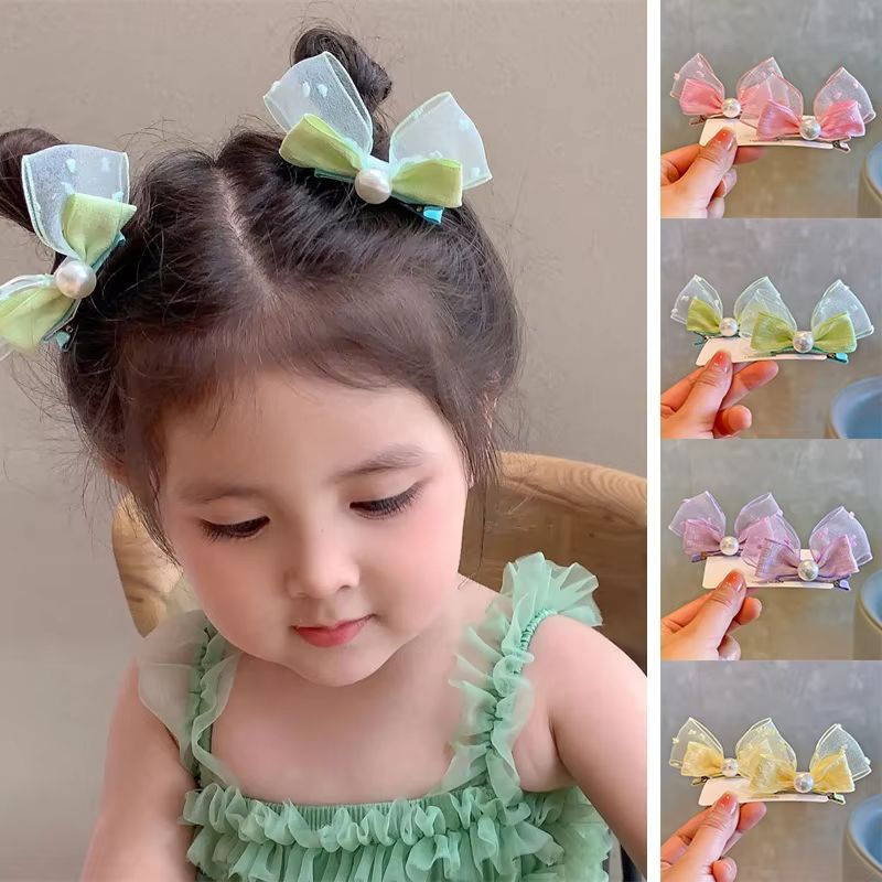 Mesh Bow Children Hairpins Pearl Hair Clips Princess Girl Headdress Baby No Harm Headwear Kids Barrettes Accessories Photo Props