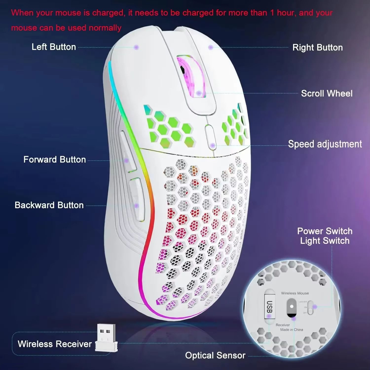 2.4G Wireless RGB Lighting Charging Mouse with Adjustable DPI Ergonomic Honeycomb Design Gaming Mouse for Desktop Laptop