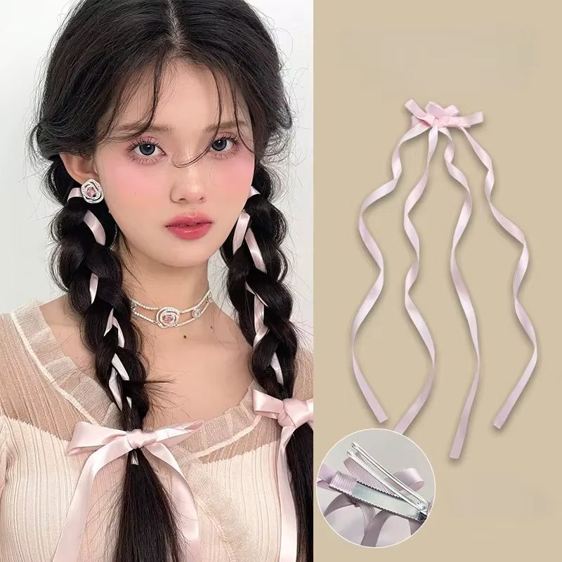 2pcs Braided Bows Hair Clips Ribbons Double Ponytails Ultra Cute Headwear Trendy Fashionable Korean Style Sweet Long Hairpins