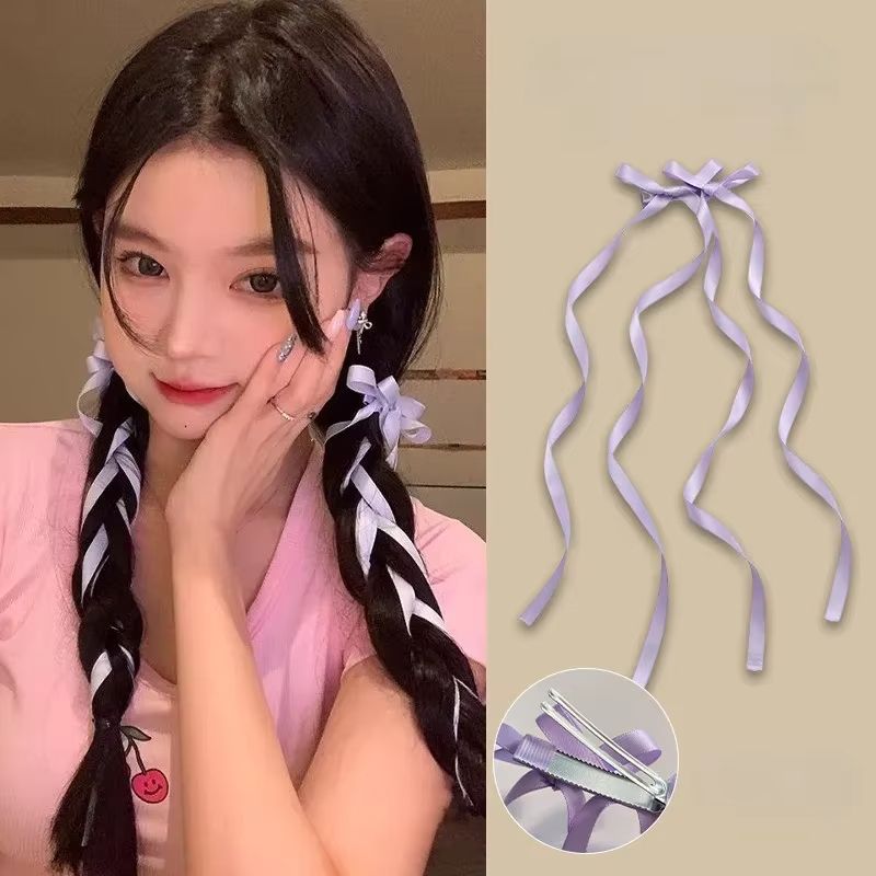 2pcs Braided Bows Hair Clips Ribbons Double Ponytails Ultra Cute Headwear Trendy Fashionable Korean Style Sweet Long Hairpins