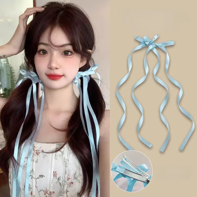 2pcs Braided Bows Hair Clips Ribbons Double Ponytails Ultra Cute Headwear Trendy Fashionable Korean Style Sweet Long Hairpins