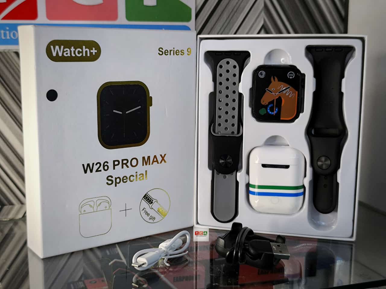 W26 Pro Max Smart watch- 2 Straps.- 1 Watch- 1 Earpods Case plus Earbuds- Smart watch charger