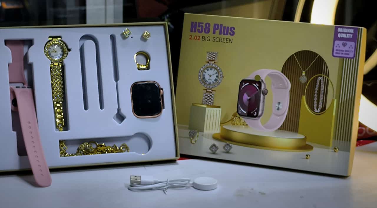 H58 Plus Golden Ladies Smart watch- 2 Watches- Earrings- Necklace- 2 Straps
