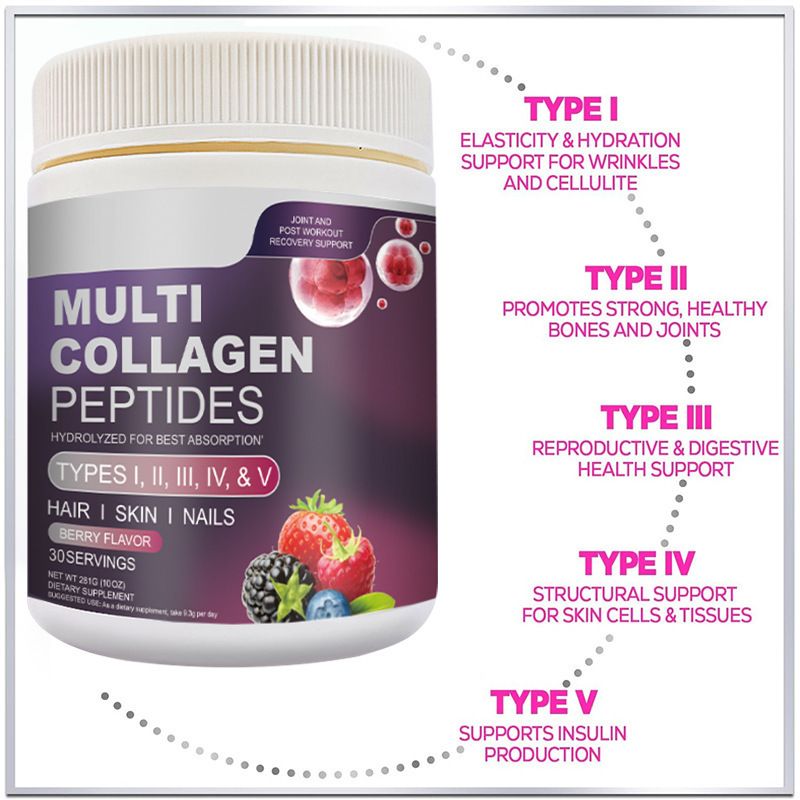 Multi Collagen Peptide Powder with Vitamin C, Hyaluronic Acid & Plant Extract – Supports Skin Elasticity, Joint Health & Hair Strength