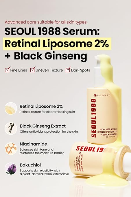 K-Secret Seoul 1988 Retinal Liposome 2% Serum 30ml – Anti-Aging Facial Serum with Black Ginseng, Firming Wrinkle Care, Smooth Texture, Korean Skincare Treatment for Glowing Youthful Skin
